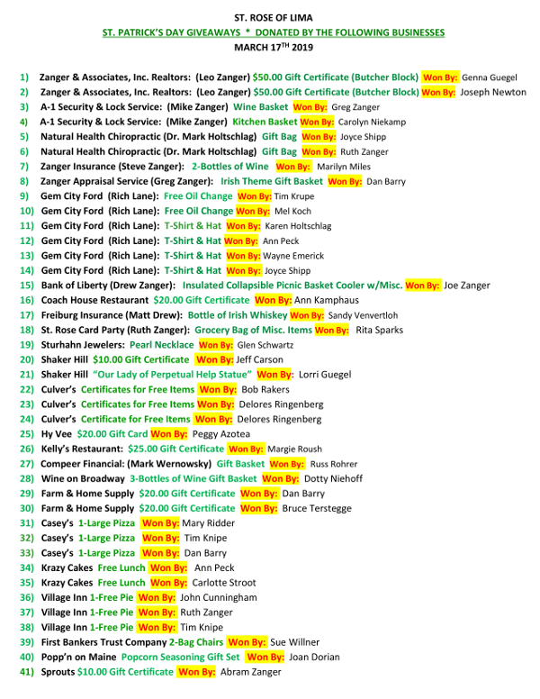 2019 St. Patrick's Day Raffle Winners